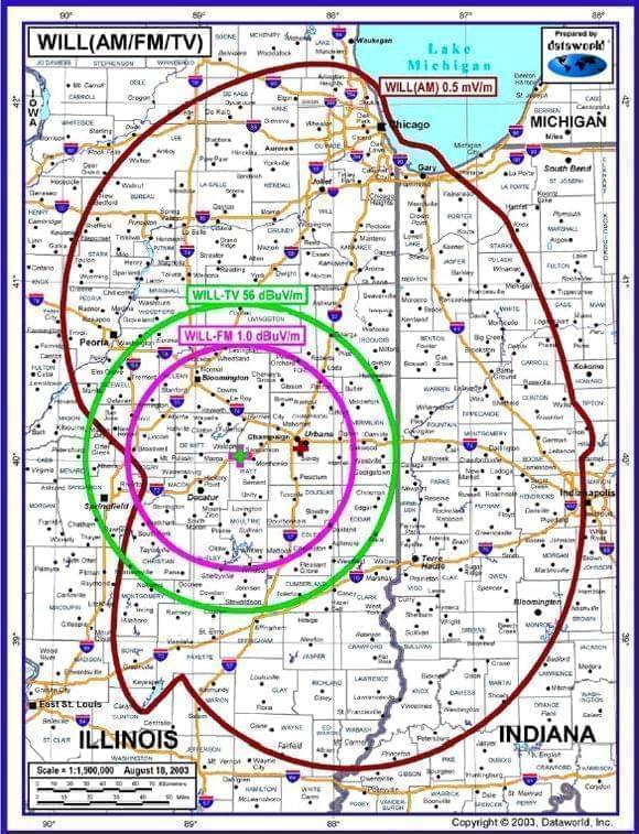 WILL broadcast coverage map for WILL-TV, WILL-AM, and WILL-FM