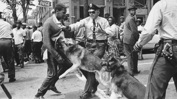 A young demonstrator is attacked by a police dog in Birmingham, Ala., in May 1963.