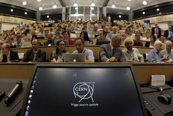 A computer screen is pictured prior to a scientific seminar to deliver the latest update in the search for the Higgs boson at the European Organization for Nuclear Research (CERN) in Meyrin near Geneva, Switzerland, Wednesday, July 4, 2012.