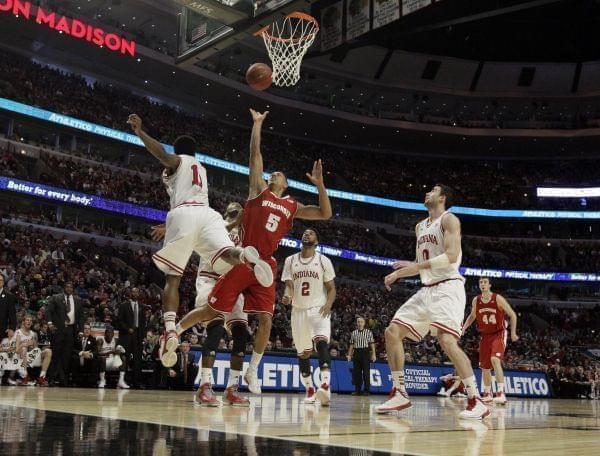 Wisconsin's Ryan Evans during the first half of an NCAA college basketball game against Indiana at the Big Ten tournament Saturday, March 16, 2013, in Chicago.