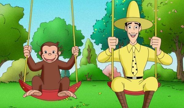 Curious George and the Man with the Yellow Hat on a swingset