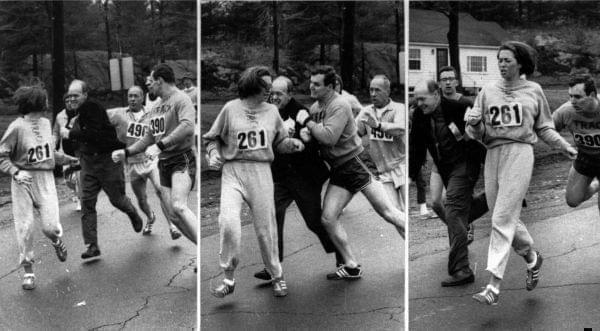 The 1967 Boston Marathon Race Commissioner trying to pull Kathrine from the race course.