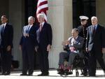 President Barack Obama stands with, from second from left, former presidents George W. Bush, Bill Clinton, George H.W. Bush, and Jimmy Carter at the dedication of the George W. Bush presidential library on the campus of Southern Methodist University 
