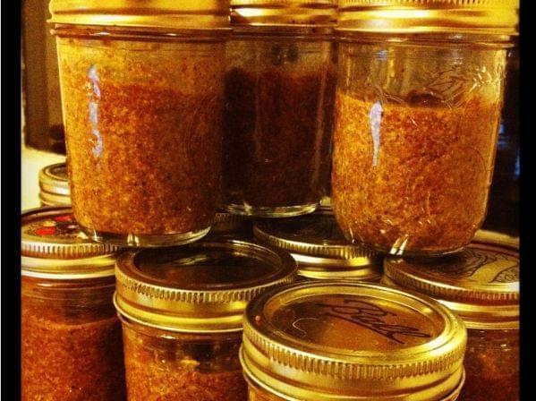 Several jars of homemade mustard.