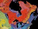 This map, from the United States Geological Survey, shows the age of bedrock in different regions of North America.