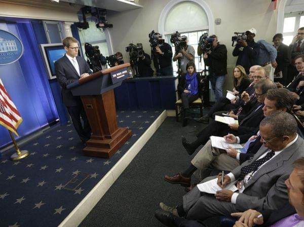 White House press secretary Jay Carney listens during his daily news briefing at the White House in Washington, Tuesday, May, 14, 2013.