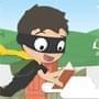 boy flying with a book, mask and cape