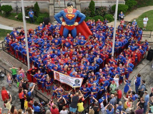 Superman fans stand to try to break the world record for most people dressed as Superman in Metropolis, Illinois.