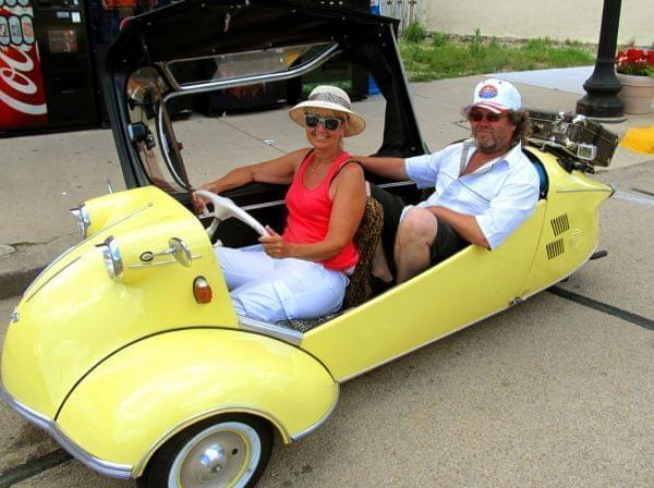 Erik and Mary-Ann Gjermundsen of Norway are making the nearly 3,400-mile trip across the U.S. in their small Messerschmitt.