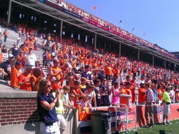Illini Fans at Memorial Stadium celebrate after the September 7th 45-17 Illini victory over Cincinnati.
