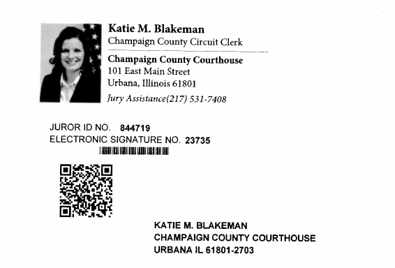 The front of the postal card that potential jurors in Champaign County will get. A QR code is displayed, which directs people to the website with the questionnaire.