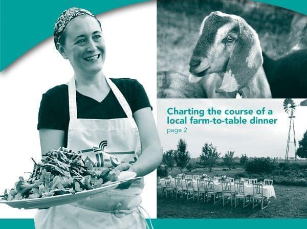 Photo of chef delivery food on a tray; photo of goat head; photo of tables outside on a farm