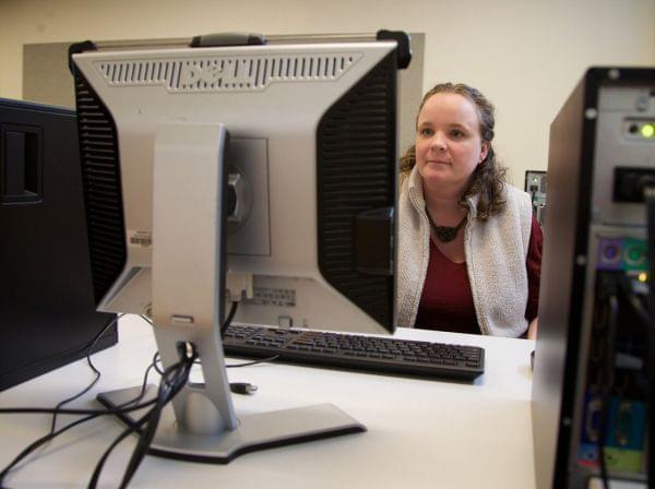 Julie Ball at a newly renovated computer lab at Shute Park Branch Library in Hillsboro, Oregon. The new lab is set to open on Saturday.