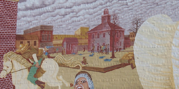 A mural depicting the March 28, 1864 riot between between Union troops and Southern sympathizers in Charleston, Ill.