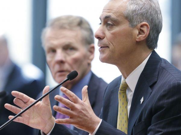 Illinois House Speaker Michael Madigan, left, and Chicago Mayor Rahm Emanuel appear before an Illinois House committee meeting Thursday, April 17, 2014, in Chicago, regarding a plan to devote $100 million in state funds to help bring President Barack