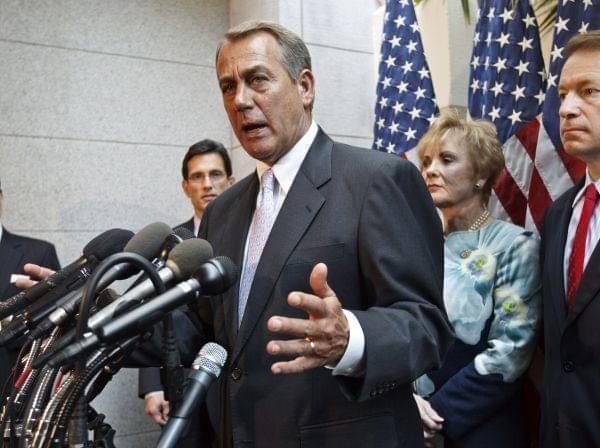 House Speaker John Boehner, R-Ohio, and other party leaders, meet with reporters following a GOP strategy session on Capitol Hill in Washington, Thursday, May 31, 2012. From right to left are Chief Deputy Whip Peter Roskam, R-Ill., Rep. Kay Granger,