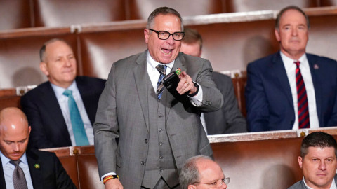 Rep. Mike Bost, R-Ill., interrupts Rep. Matt Gaetz, R-Fla., as he nominated Rep. Jim Jordan, R-Ohio, in the House chamber as the House meets for the fourth day to elect a speaker and convene the 118th Congress in Washington, Friday, Jan. 6, 2023. 