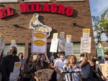 Protestors outside the El Milagro taqueria during a rally last September. 