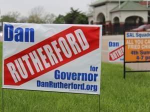 A campaign sign outside Springfield's American Legion Post 32. Inside, state Treasurer Dan Rutherford was speaking to supporters, formally launching his campaign for governor.