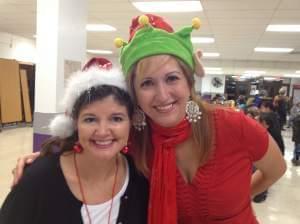 Angie Gentry and Lupita Garcia at a Christmas party for students and parents at Arcola Elementary School.