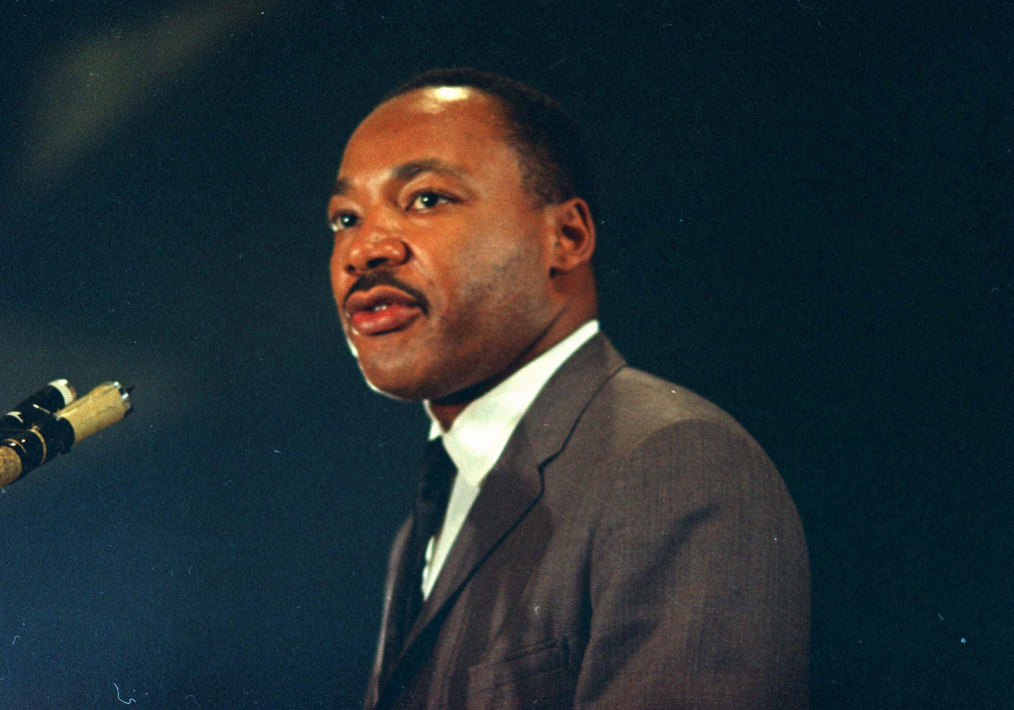 Dr. Martin Luther King speaks March 25, 1967 at the Chicago peace march.