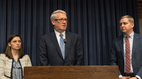 House Minority Leader Jim Durkin, a Republican from Western Springs, speaks with reporters in the Illinois in Statehouse in this file photo from February 5, 2020.