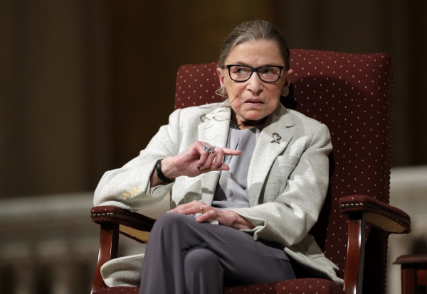 In this Feb. 6, 2017 file photo, Supreme Court Justice Ruth Bader Ginsburg speaks at Stanford University in Stanford, Calif. The Supreme Court says Ginsburg has died of metastatic pancreatic cancer at age 87.