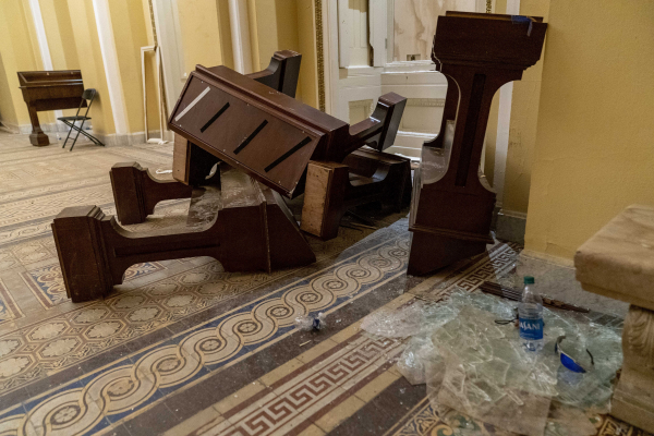 Damage is visible in the hallways in the early morning hours of Thursday, Jan. 7, 2021, after protesters stormed the Capitol in Washington, on Wednesday.