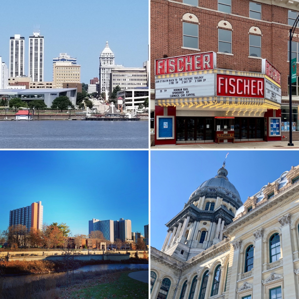 Upper left square: Peoria, upper right square: Danville, lower left square: Champaign, lower right square: State Capitol in Springfield