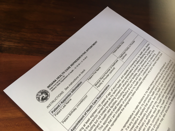 Patients can fill out a form to appoint a health care representative before they enter a hospital, or just write it down on a piece of paper, says Lucia Wocial, a nurse ethicist with IU Health.  