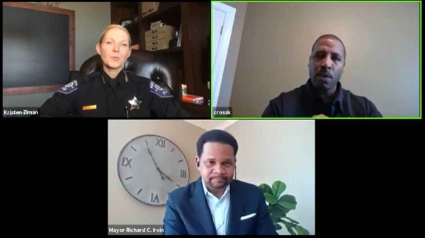 Aurora Police Chief Kristen Ziman (left), Aurora Mayor Richard Irvin, and Police Commander Keith Cross share their experience with the COVID-19 illness during a Zoom call, April, 8, 2020. 
