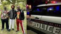 From left to right: Latrel Crawford, William Burke, Leojae Bleu Steward, all seniors at the University of Illinois’ Urbana campus, are advocating for the defunding and abolishment of the University of Illinois Police Department, saying the officers target students of color.