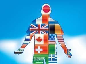 Drawing of a person with many flags covering his body