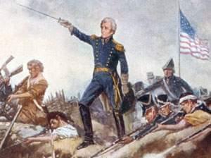 Painting of the Battle of New Orleans with Andrew Jackson standing amid the battle