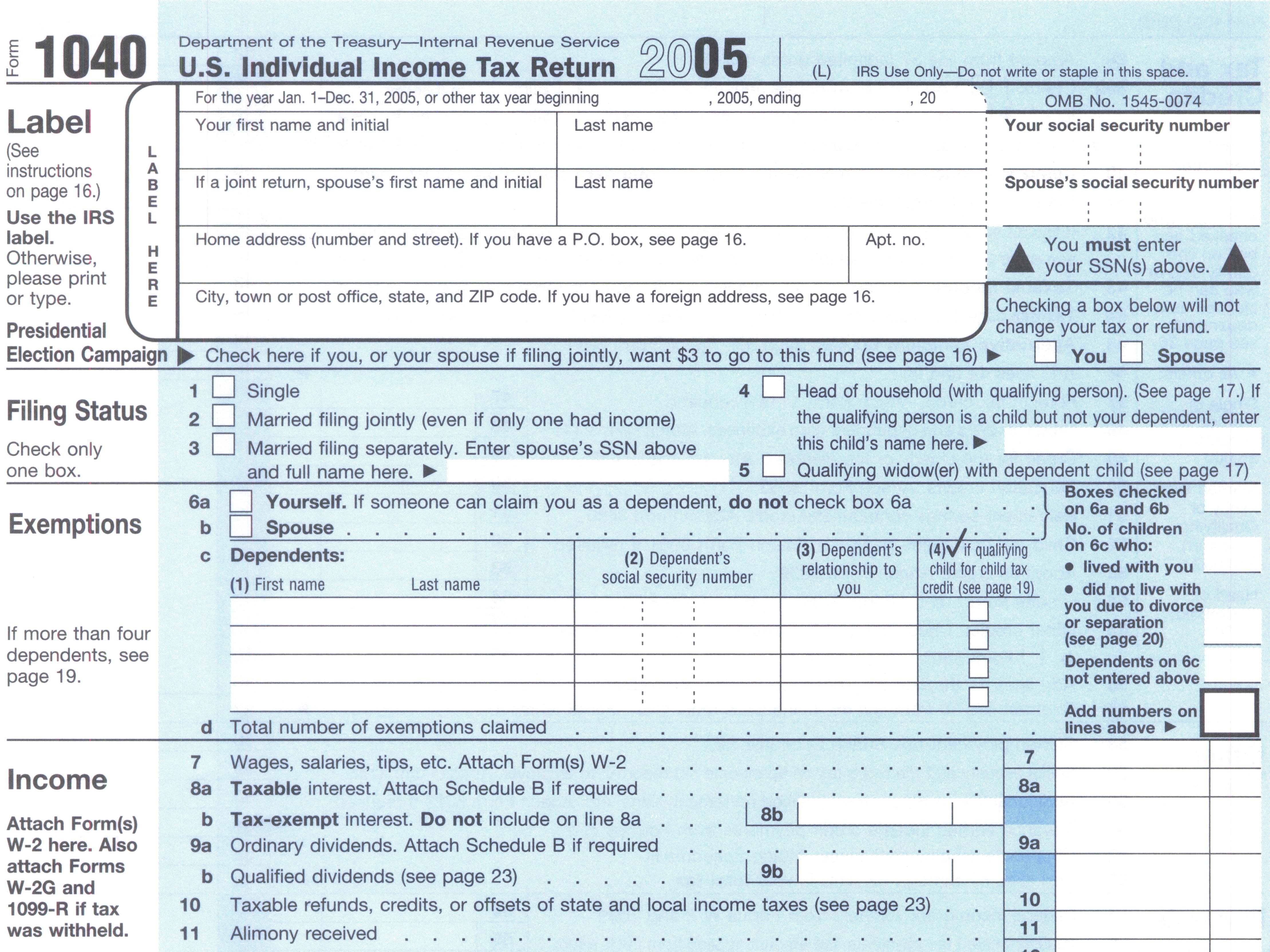 1040 tax form from 2005