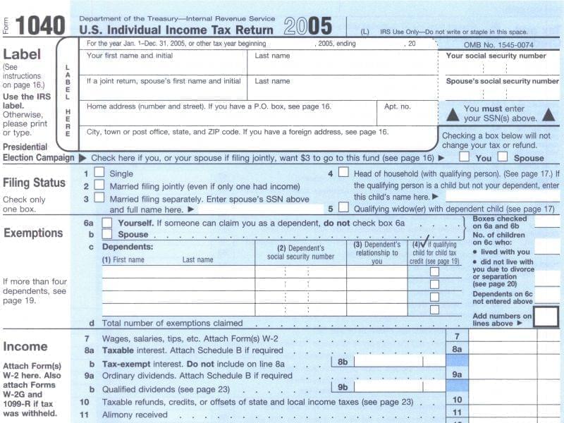 1040 tax form from 2005