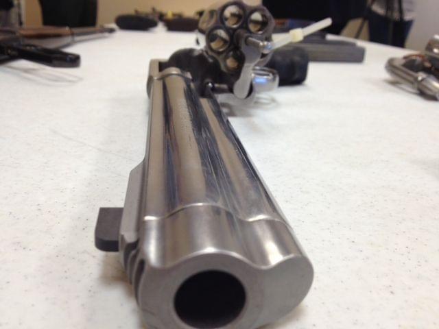A handgun is on display during a seminar on gun violence in Springfield, Ill.