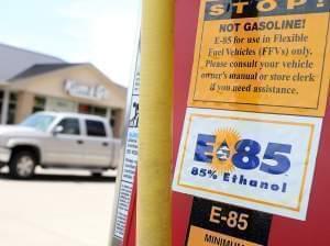 A decal advertising E85 ethanol is displayed on a pump at a gas station in Johnston, Iowa.