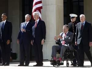 President Barack Obama stands with, from second from left, former presidents George W. Bush, Bill Clinton, George H.W. Bush, and Jimmy Carter at the dedication of the George W. Bush presidential library on the campus of Southern Methodist University 