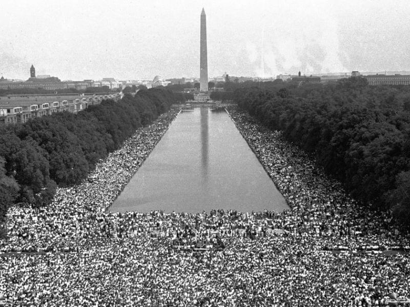 Crowds gather in front of the Washington Monument during the "March on Washington For Jobs and Freedom" in 1963.
