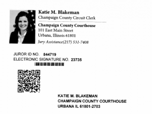 The front of the postal card that potential jurors in Champaign County will get. A QR code is displayed, which directs people to the website with the questionnaire.