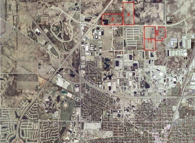 The potential sites for Champaign's new high school are marked in red.
