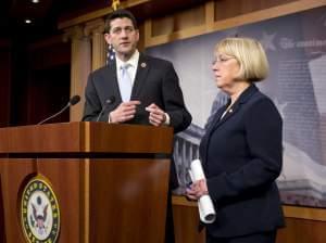 House Budget Committee Chairman Paul Ryan (R-Wis.) and Senate Budget Committee Chairwoman Patty Murray (D-Wash.), announce a proposed spending plan, at the Capitol in Washington, on Tuesday.