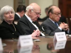 The Senate has approved Janet Yellen as the next head of the Federal Reserve. At a ceremony commemorating the Fed's centennial last month, Yellen sat with (from left-to-right) former chairmen Paul Volker and Alan Greenspan.