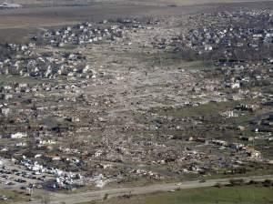 This file aerial photo of Nov. 18, 2013, shows the path of a tornado that hit the western Illinois town of Washington the day before.