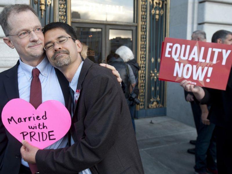John Lewis (left) and Stuart Gaffney embrace outside San Francisco's City Hall shortly before the U.S. Supreme Court ruling cleared the way for same-sex marriage in California in June.