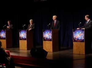 State Treasurer Dan Rutherford, from left, state Sen. Kirk Dillard, businessman Bruce Rauner, and state Sen. Bill Brady, participate in a Republican gubernatorial debate, Tuesday, Feb. 18, 2014, in Springfield, Ill. The four GOP candidates seek to be