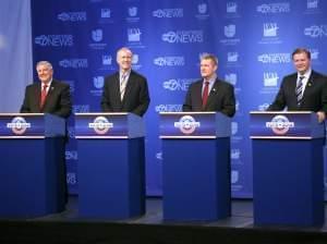 Republican gubernatorial candidates from left, State Sen. Kirk Dillard, Bruce Rauner, State Treasurer Dan Rutherford and State Sen. Bill Brady get ready before a televised debate Thursday, Feb. 27, 2014, in Chicago.
