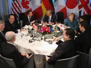 President Obama and other leaders met in The Hague. Clockwise from bottom left: European Union Council President Herman Van Rompuy, Canadian Prime Minister Stephen Harper, French President Francois Hollande, British Prime Minister David Cameron, Obam