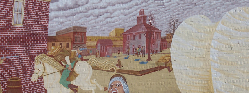 A mural depicting the March 28, 1864 riot between between Union troops and Southern sympathizers in Charleston, Ill.